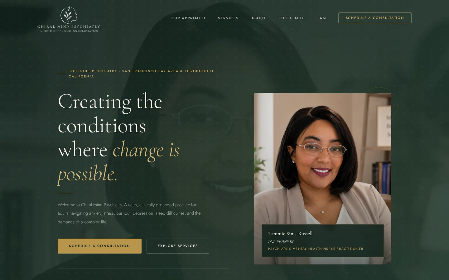 Chiral Mind Psychiatry website screenshot — Healthcare · Psychiatry