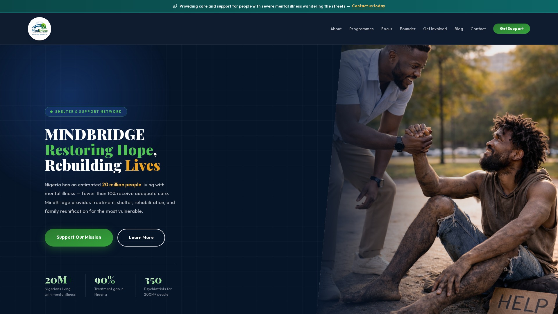 MindBridge Shelter & Support Network website screenshot — Charity · Mental Health