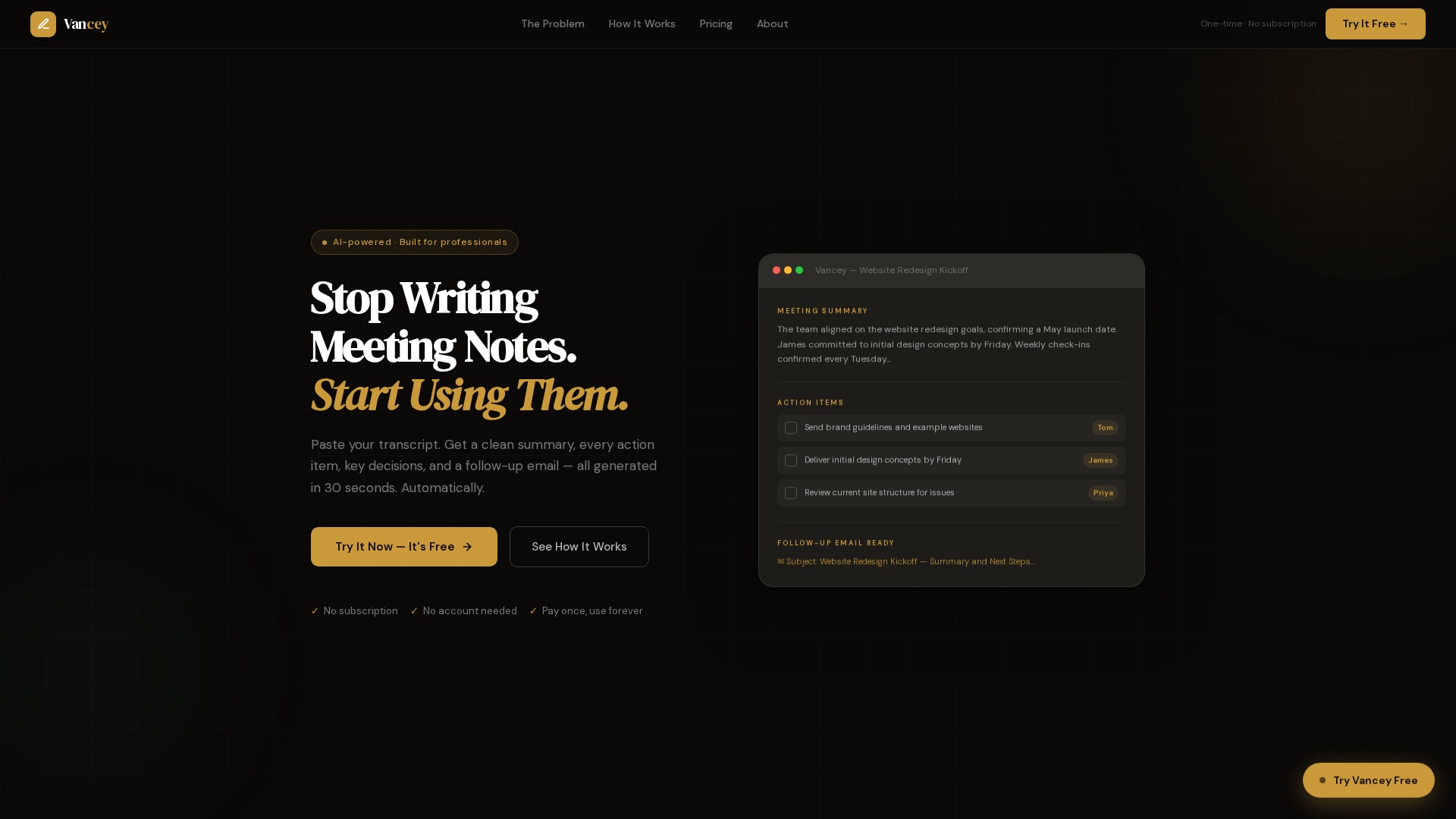 Vancey website screenshot — AI · Productivity